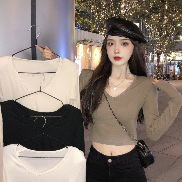 Women Cropped Long Sleeve Shirt with Fashionable V-Neck and Comfortable Materials Lisslune