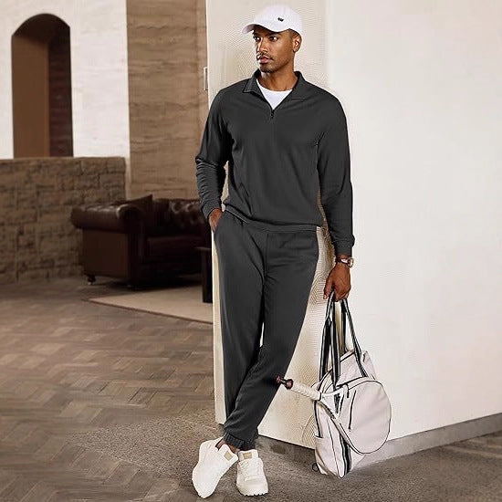 Men's leisure suit with modern stand-up collar and practical zipper pockets Lisslune
