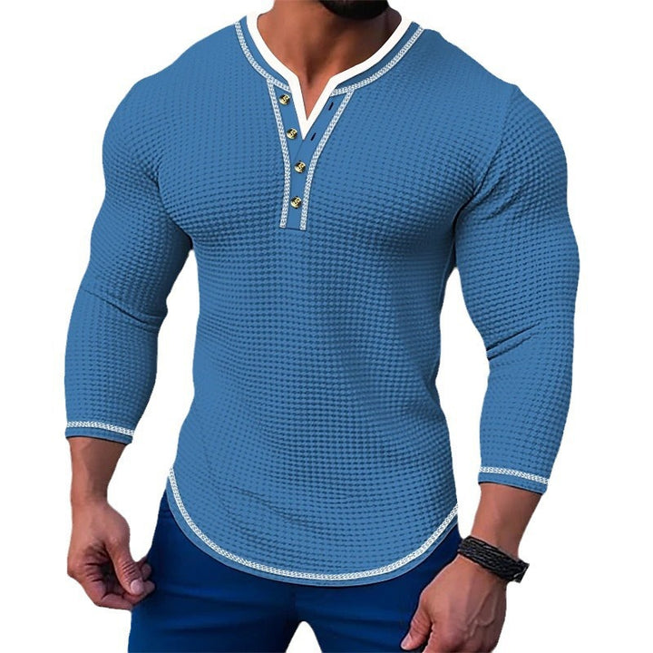 Men's fashionable long sleeve Henley shirt with textured design and button placket Lisslune