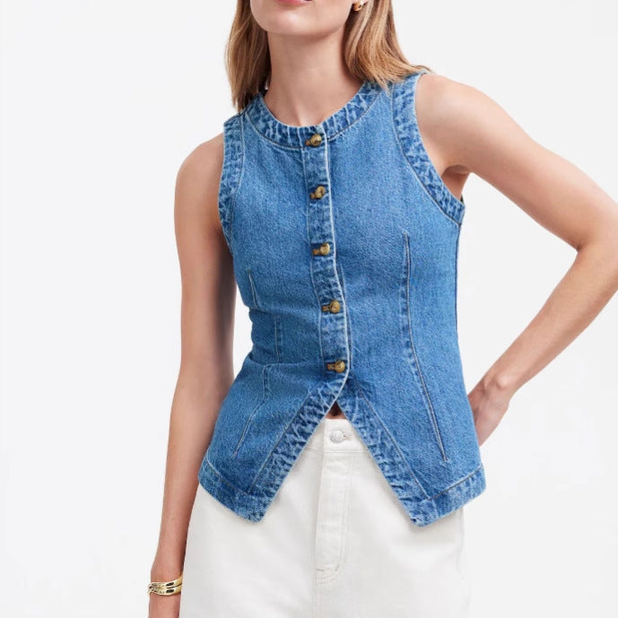 Women's jeans vest with asymmetrical cut and decorative buttons Lisslune