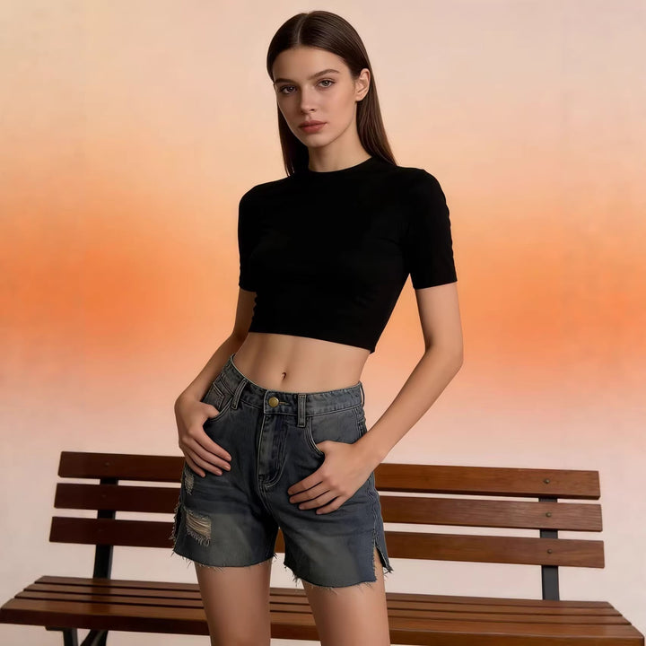 Women's casual denim shorts with frayed hems and side slit Lisslune
