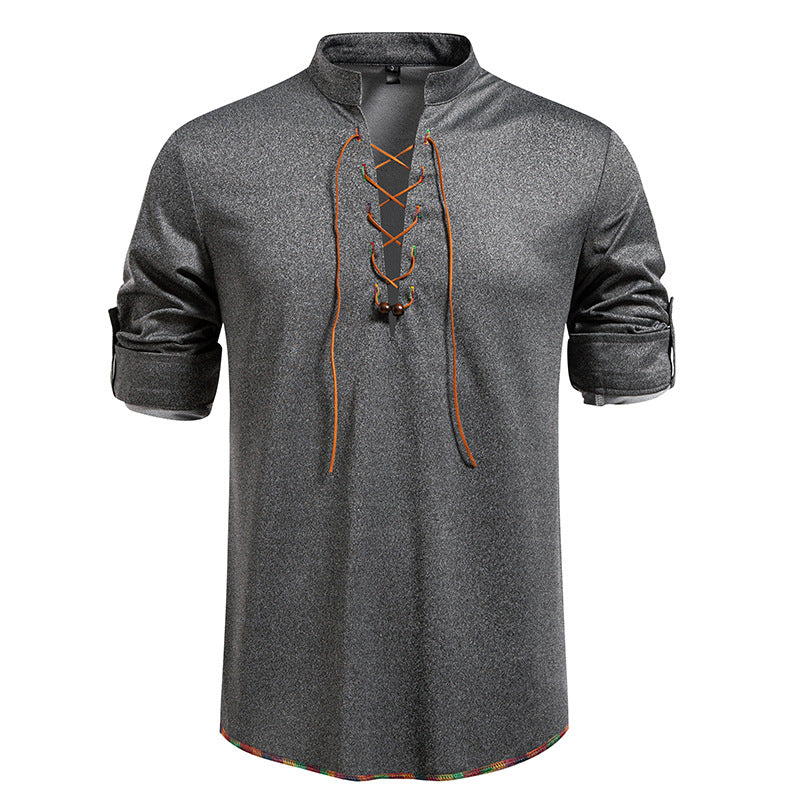 Men's Long Sleeve Shirt with Drawstring and Stand-Up Collar Lisslune