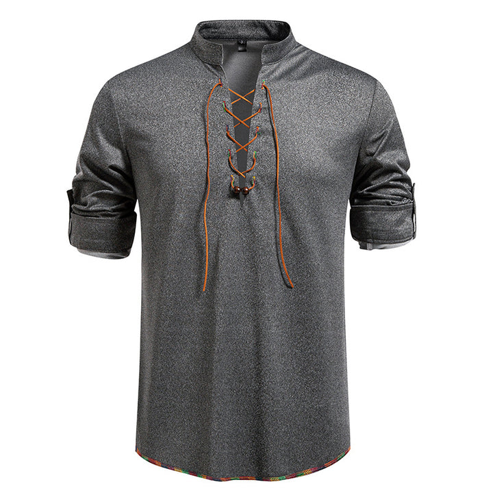 Men's Long Sleeve Shirt with Drawstring and Stand-Up Collar Lisslune
