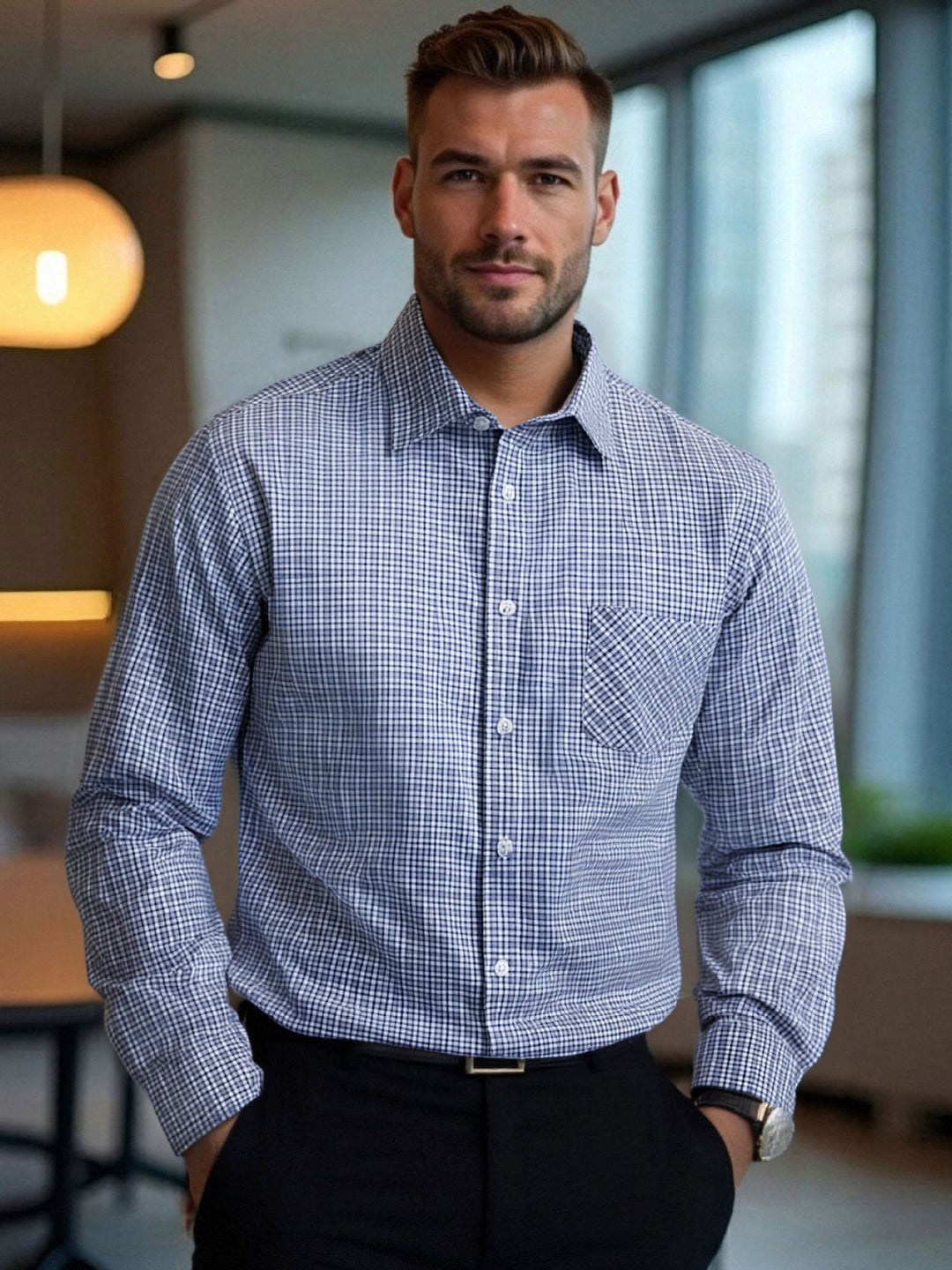 Men's modern checkered long-sleeve shirt with chest pocket Lisslune