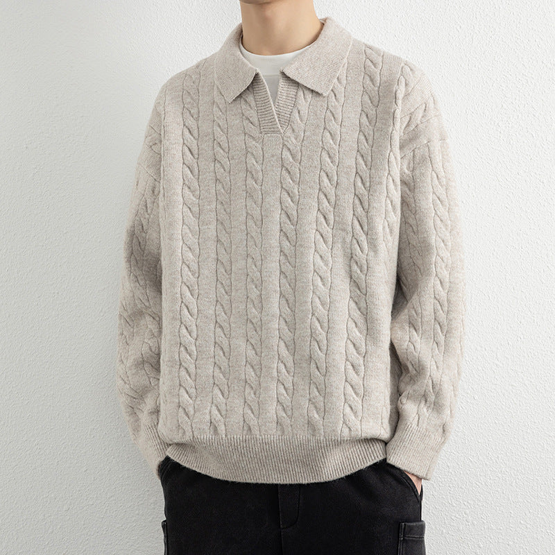 Men's knit sweater with nautical cable pattern and classic collar Lisslune