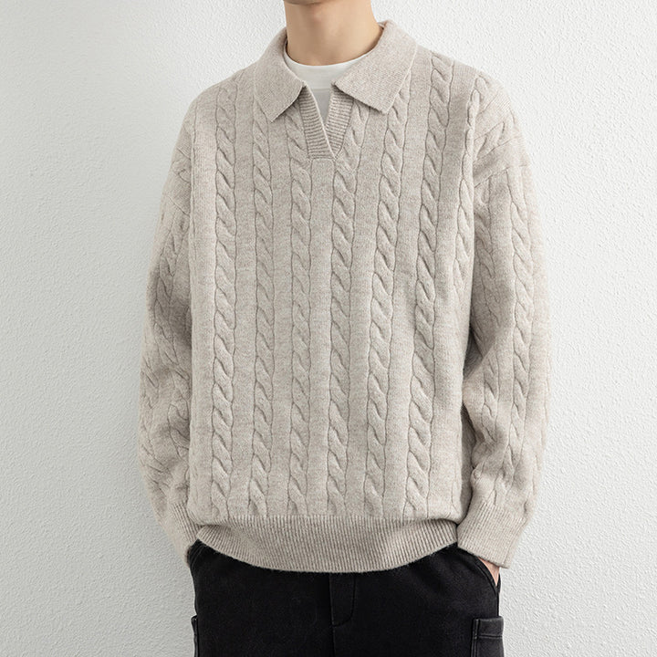 Men's knit sweater with nautical cable pattern and classic collar Lisslune
