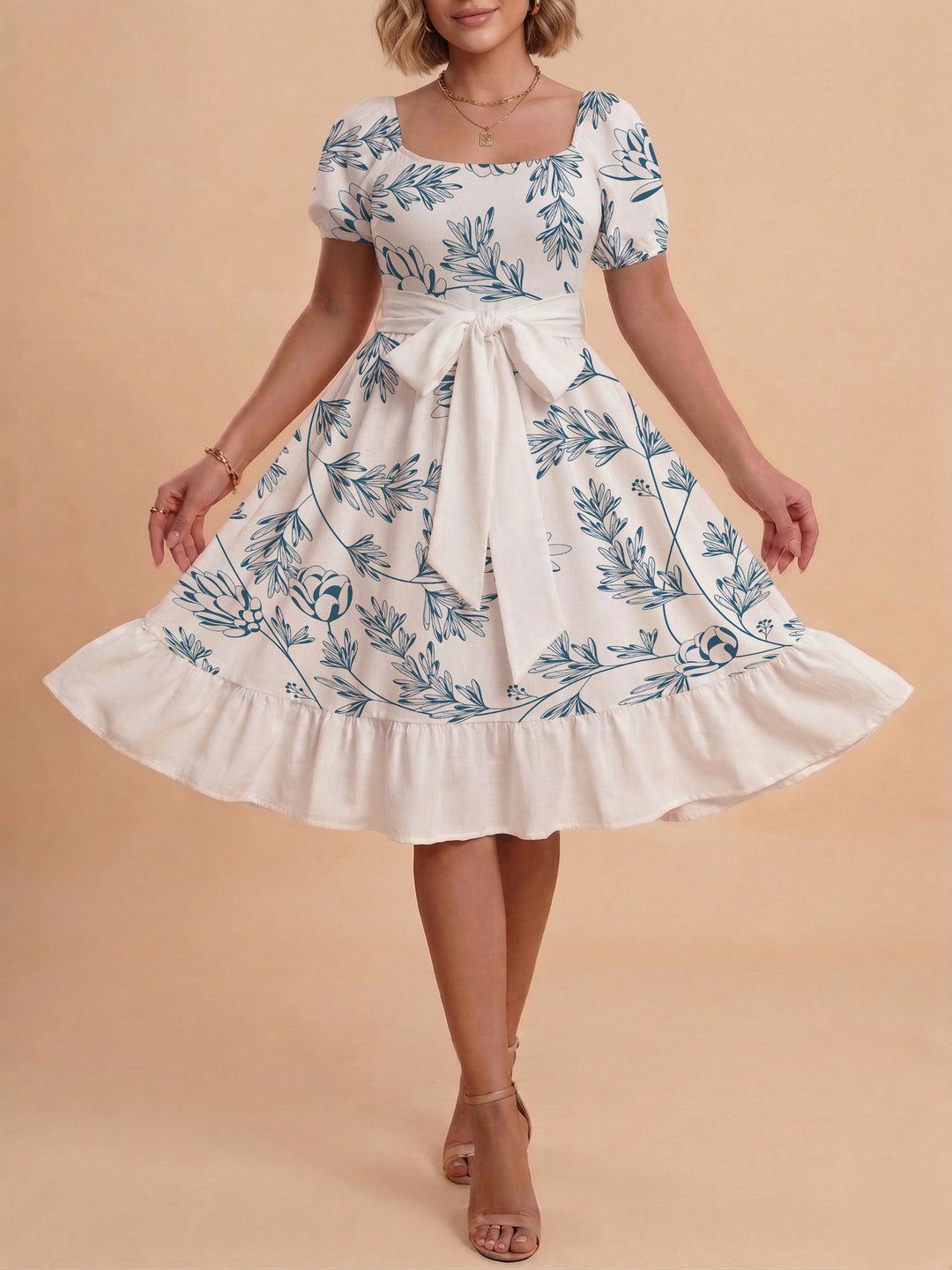 Women's Midi Dress with Elegant Floral Print and Fitted Belt Lisslune