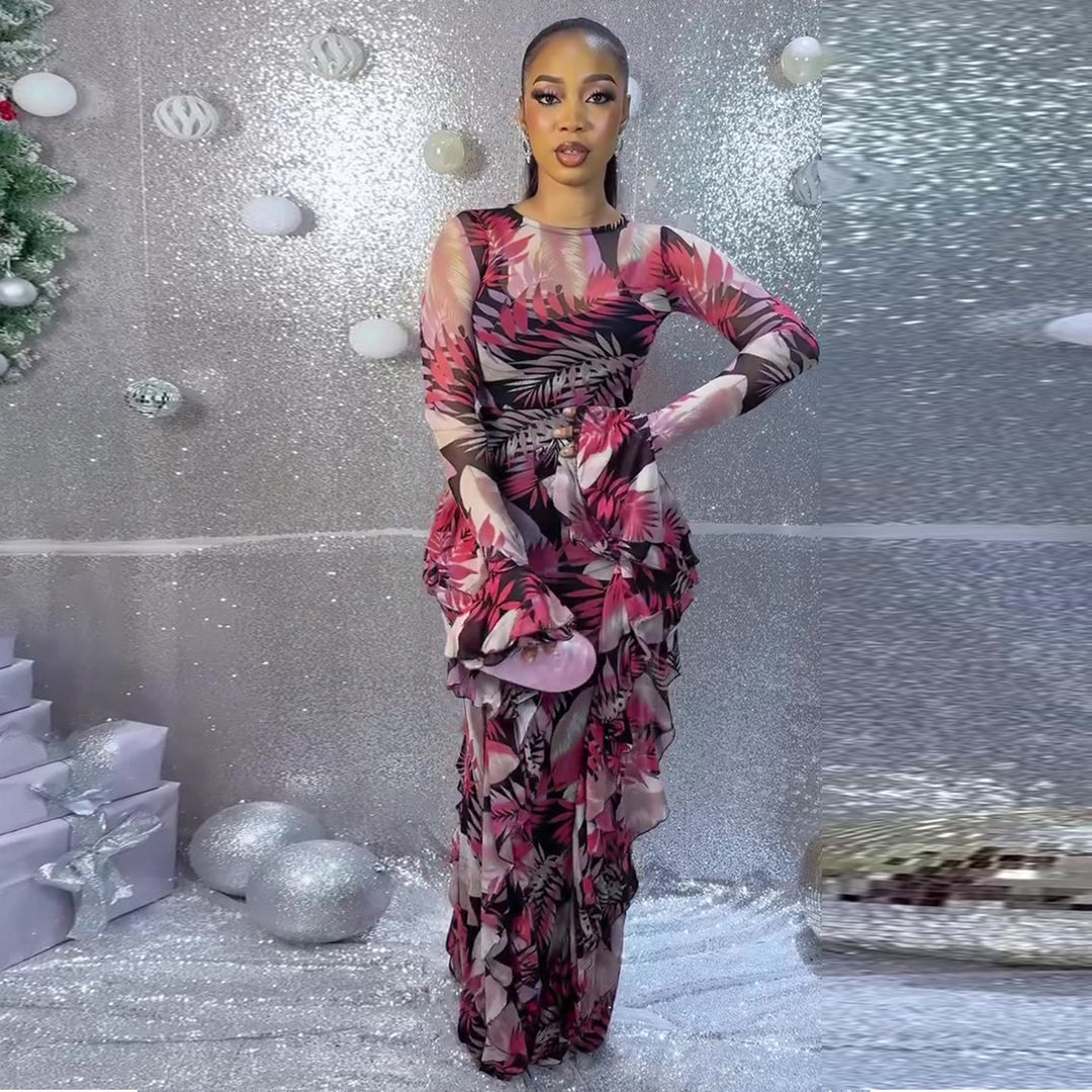 Women's maxi dress with transparent sleeves and floral pattern