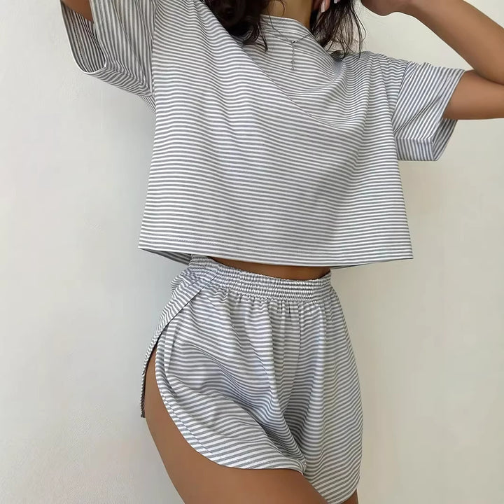 Women’s Casual Striped Set with High-Cut Design and Elastic Waistband Lisslune