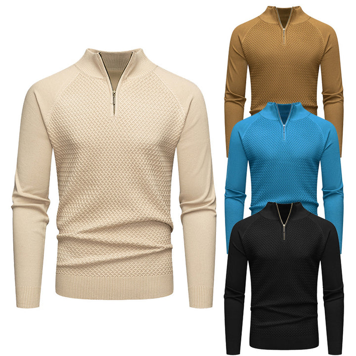 Men's Fine Knit Pullover with Textured Surface and Short Zipper Lisslune