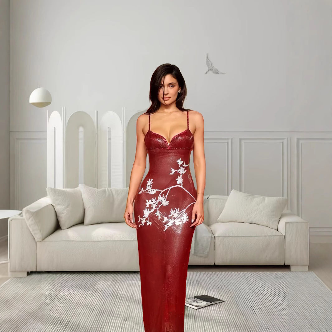 Women's elegant V-neck evening dress with floral embroidery and slim fit Lisslune