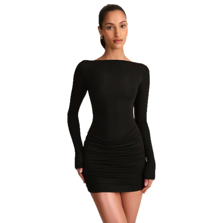 Women's figure-flattering mini dress with off-the-shoulder design and elegant draping