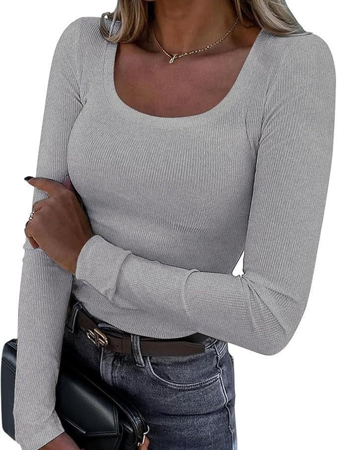 Women’s Long Sleeve Basic Top with Deep Round Neckline and Ribbed Structure Lisslune