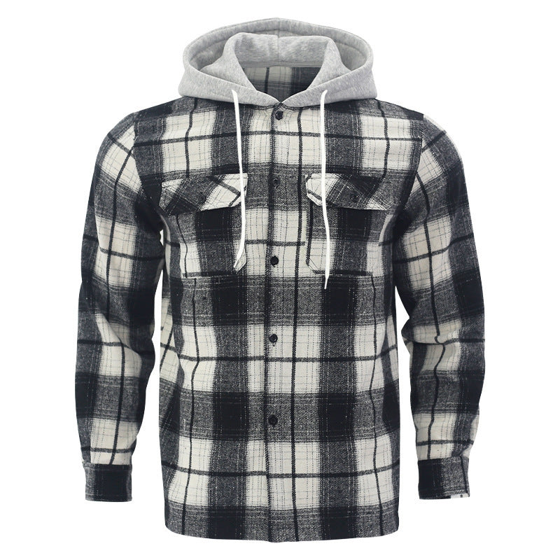 Men's Checked Flannel Jacket with Hoodie and Two Chest Pockets Lisslune