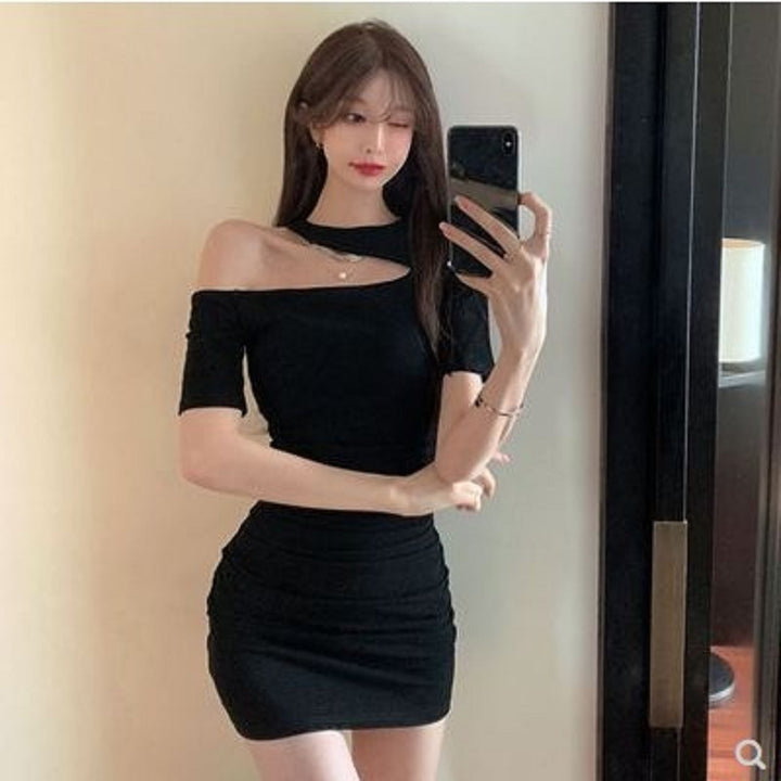 Women's fitted mini dress with asymmetric neckline and ruffle details