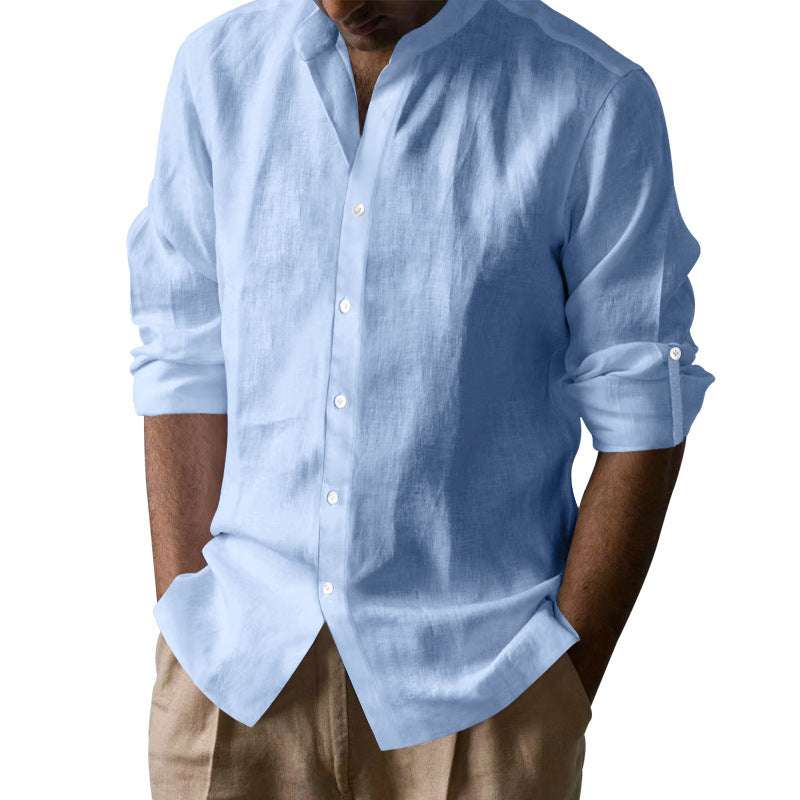 Men's long sleeve shirt with modern stand-up collar and breathable cotton texture Lisslune