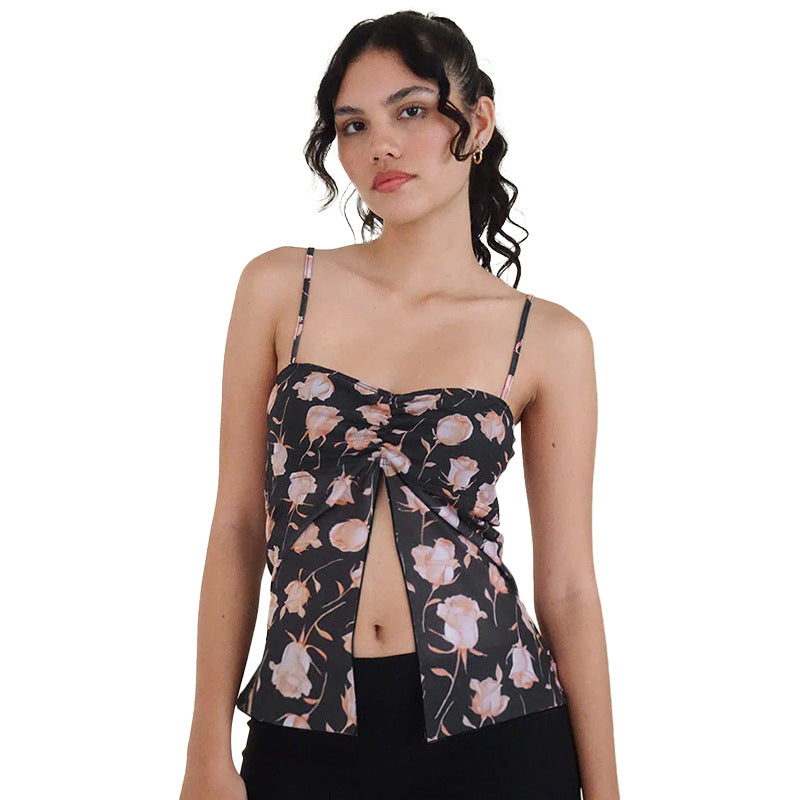 Women's cami top with floral design and nostalgic knot closure Lune London
