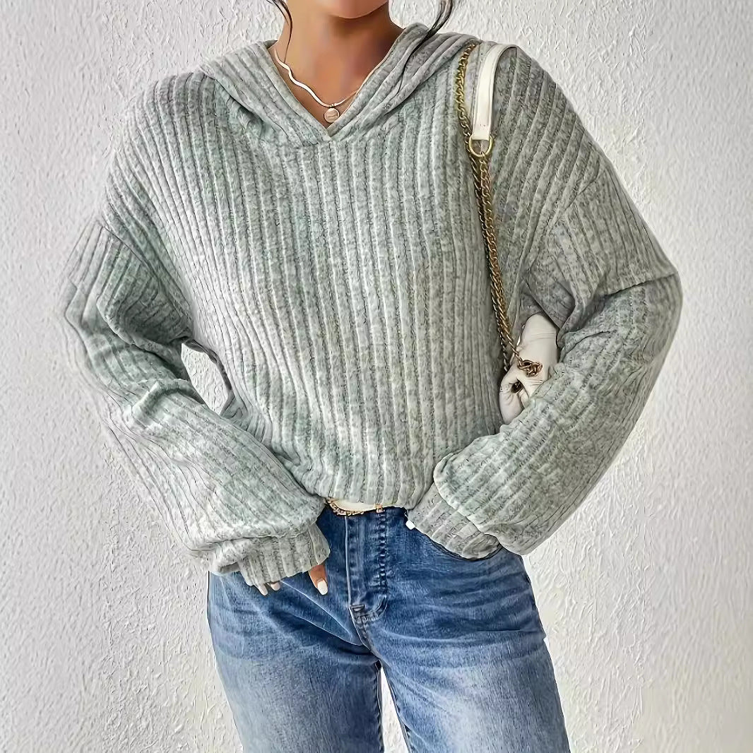 Damen Lässiger Kapuzenpullover mit Stilvollem Rippmuster und Überschnittenen Ärmeln Lisslune