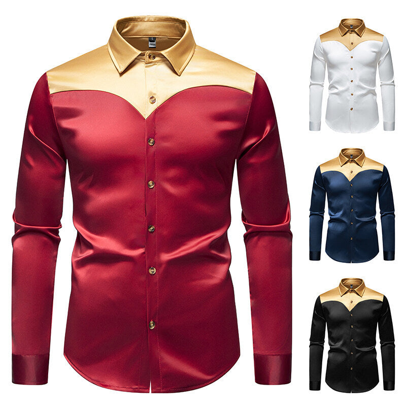 Men's Elegant Shiny Long Sleeve Shirt with Contrasting Collar Lisslune
