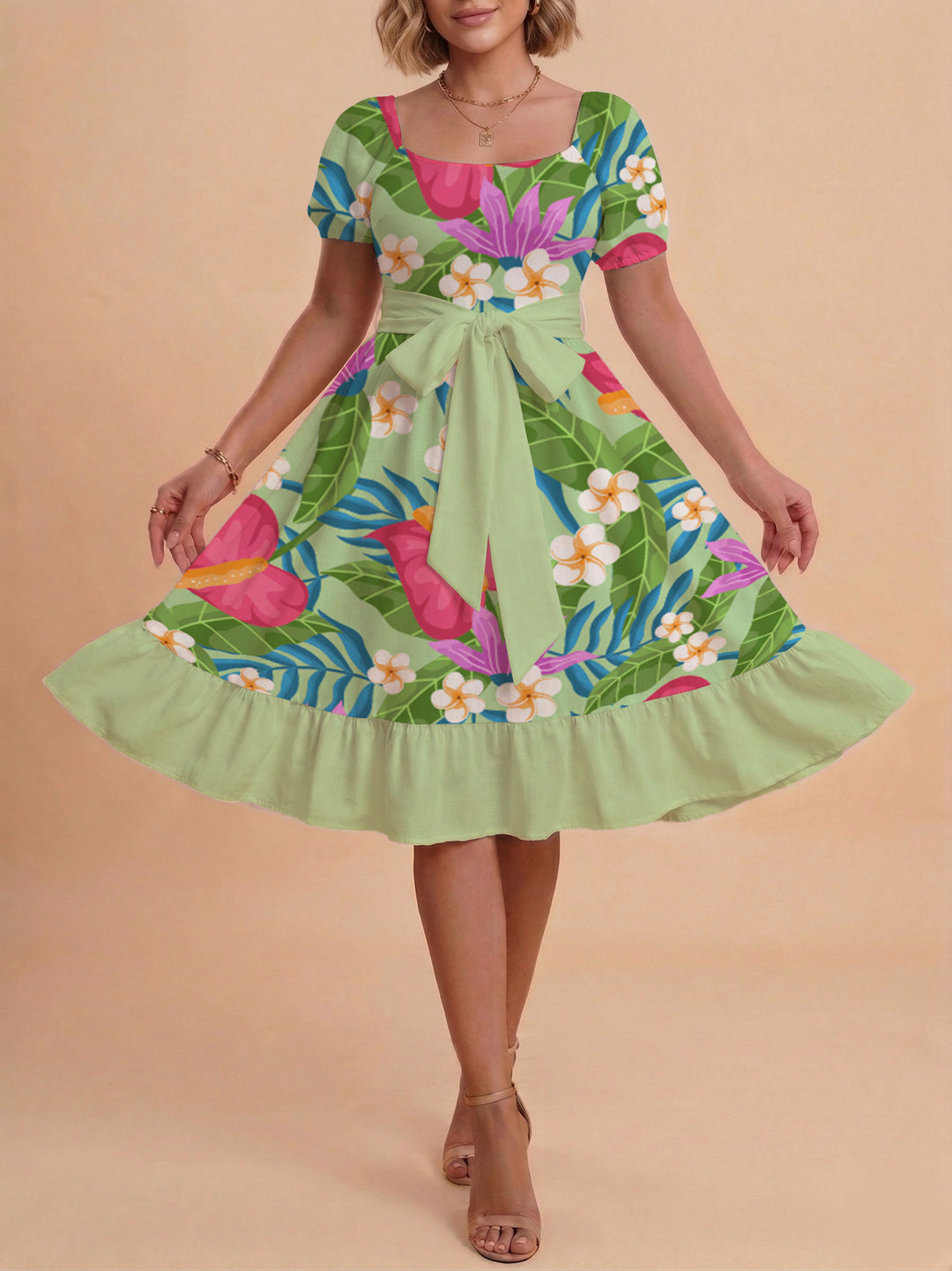 Women's elegant maxi dress with floral design and waist belt Lisslune