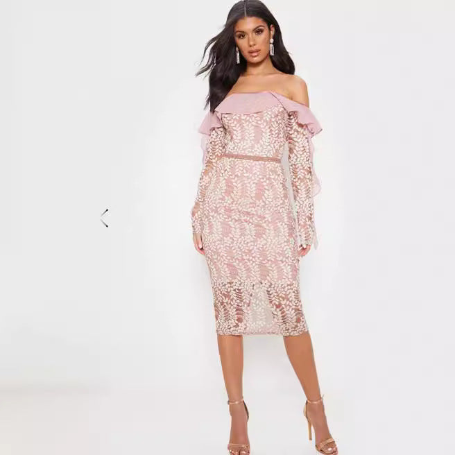 Women's Figure-Hugging Lace Dress with Off-Shoulder Design and Ruffle Details Lisslune