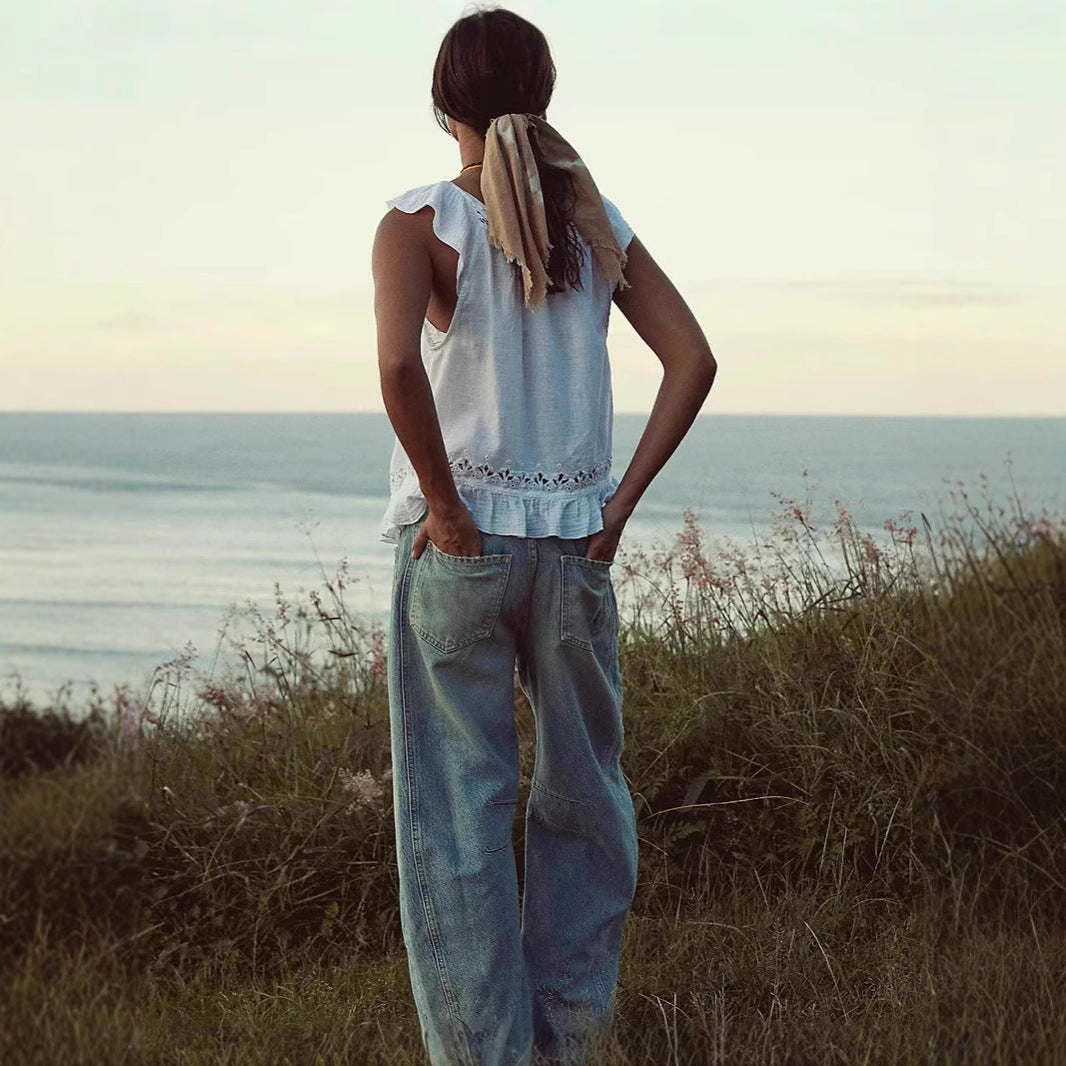 Women's airy linen crop top with ruffles Lisslune