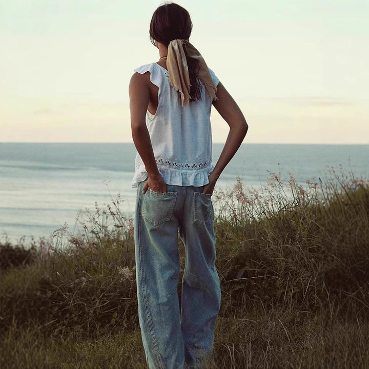 Women's airy linen crop top with ruffles Lisslune