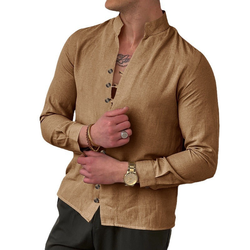 Men's long sleeve shirt with stand-up collar and stylish button details Lisslune