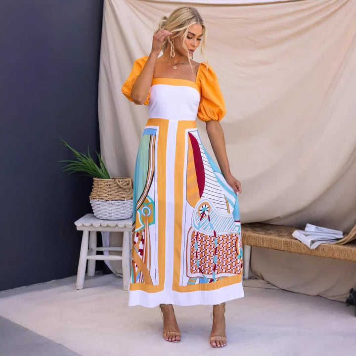 Ladies' maxi dress with creative art print and puff sleeves