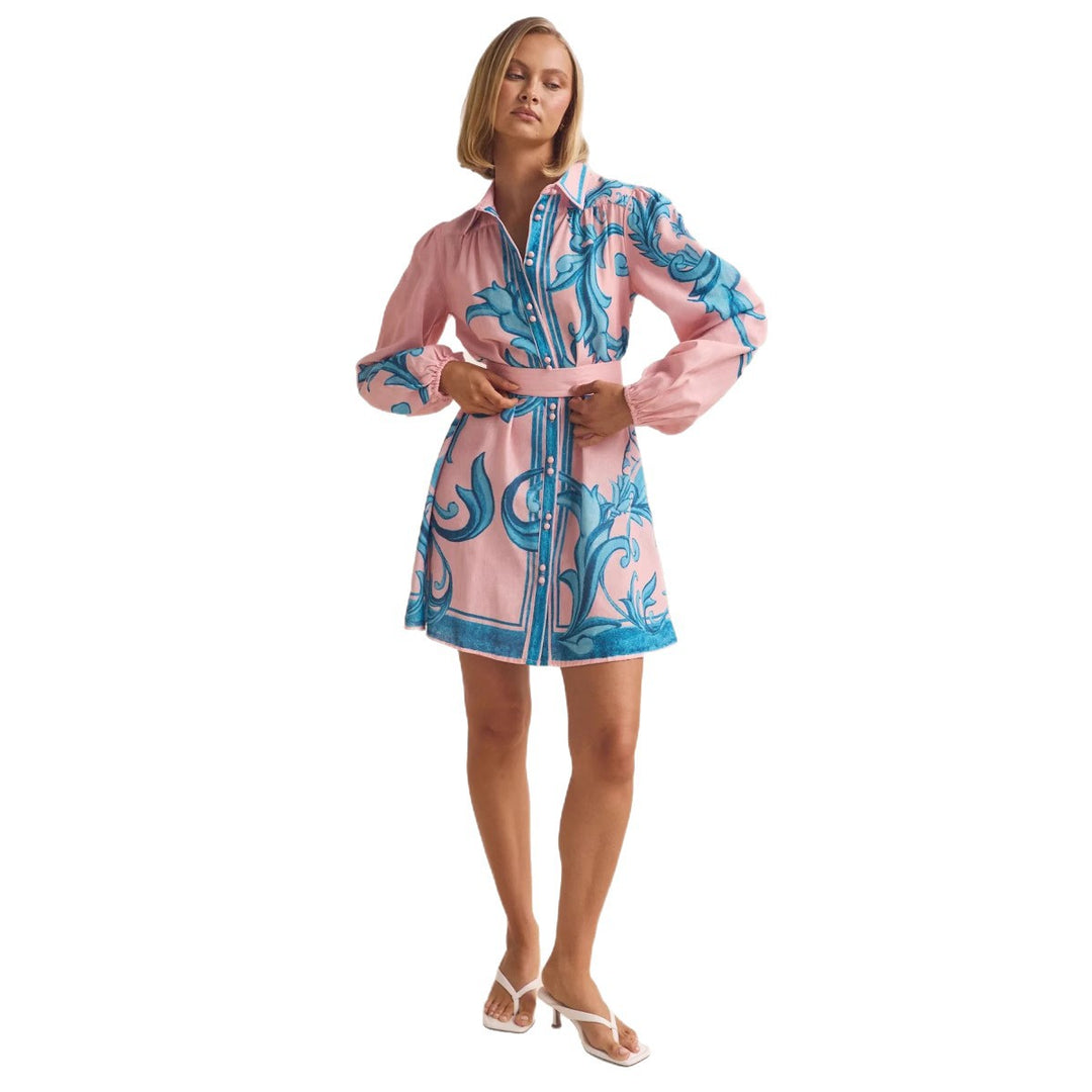 Ladies shirt dress with smooth puff sleeves and floral design