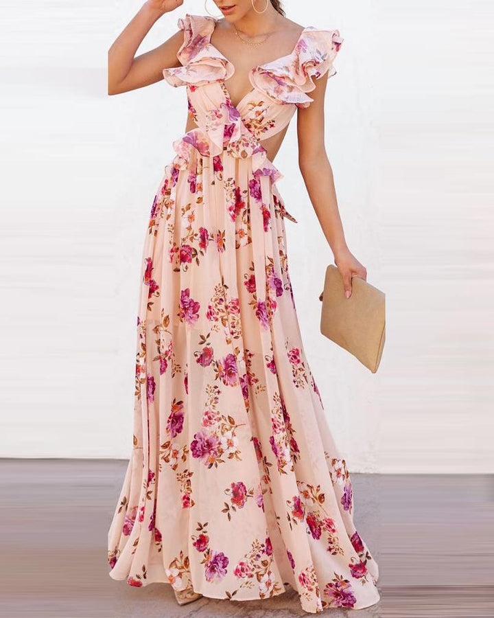Women's Elegant Maxi Dress with Ruffle Details and Floral Design