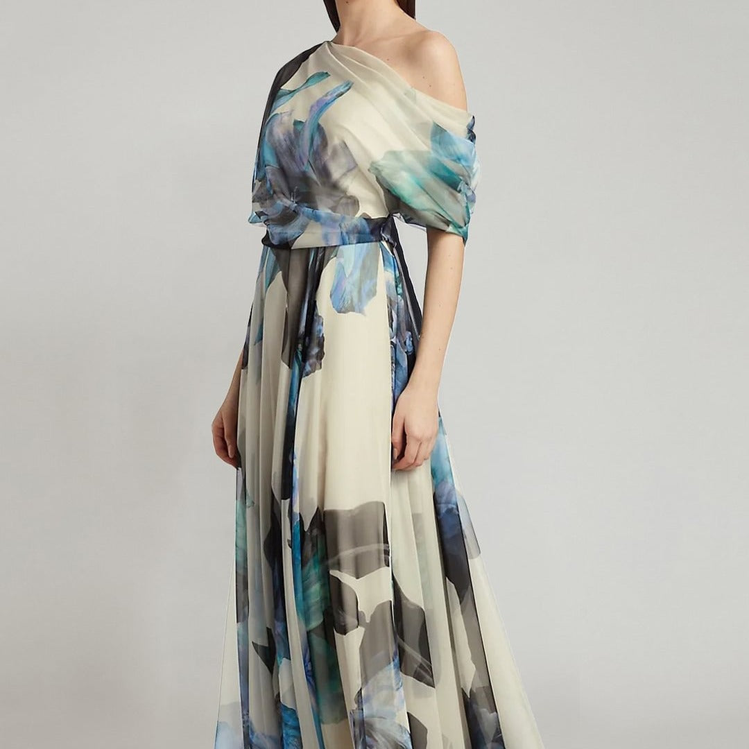 Women elegant chiffon dress with off-shoulder design and floral pattern Lisslune