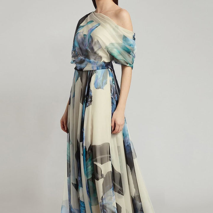 Women elegant chiffon dress with off-shoulder design and floral pattern Lisslune