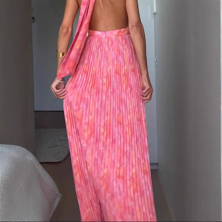 Ladies Pleated Maxi Dress with Deep Neckline and Elegant Belt