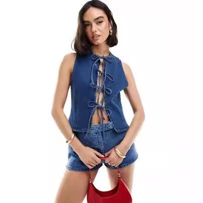 Women's Denim Bustier Top with Playful Lace-Up Detail Lisslune