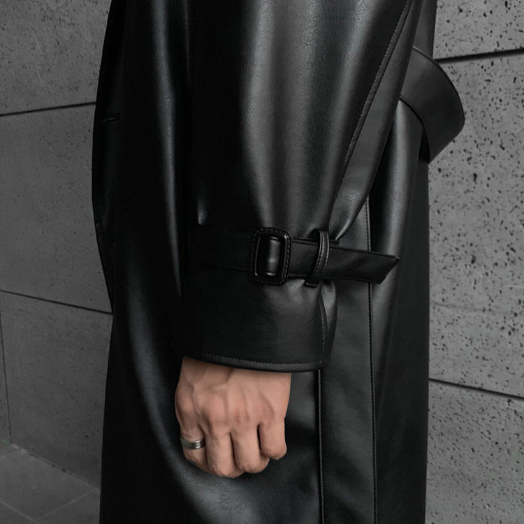 Men's fashionable long trench coat made of high-quality synthetic leather with an elegant cut Lisslune