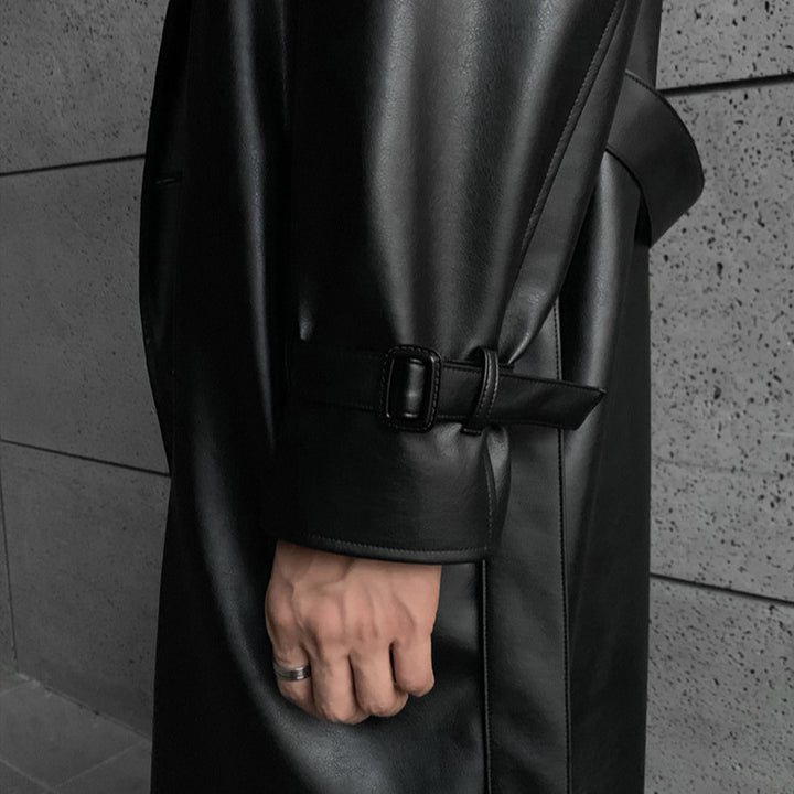 Men's fashionable long trench coat made of high-quality synthetic leather with an elegant cut Lisslune