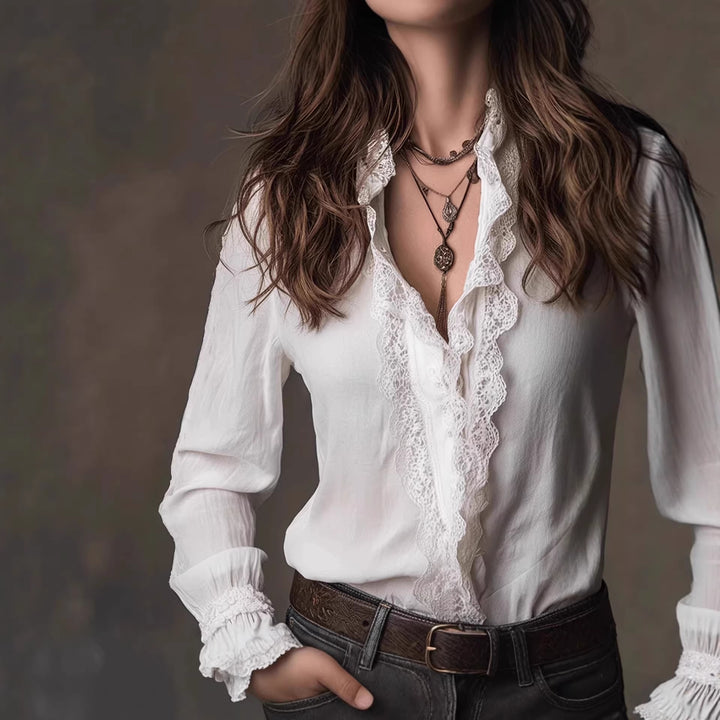 Damen elegante Bluse mit Rüschendetails und Spitzenbesatz Lisslune