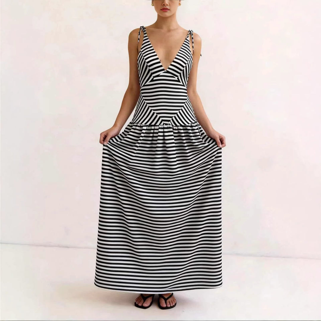 Women's maxi dress with deep V-neck and modern striped pattern Lune London