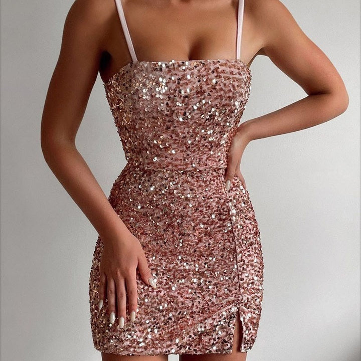Women's Glamorous Sequin Dress with Slits and Spaghetti Straps Lisslune