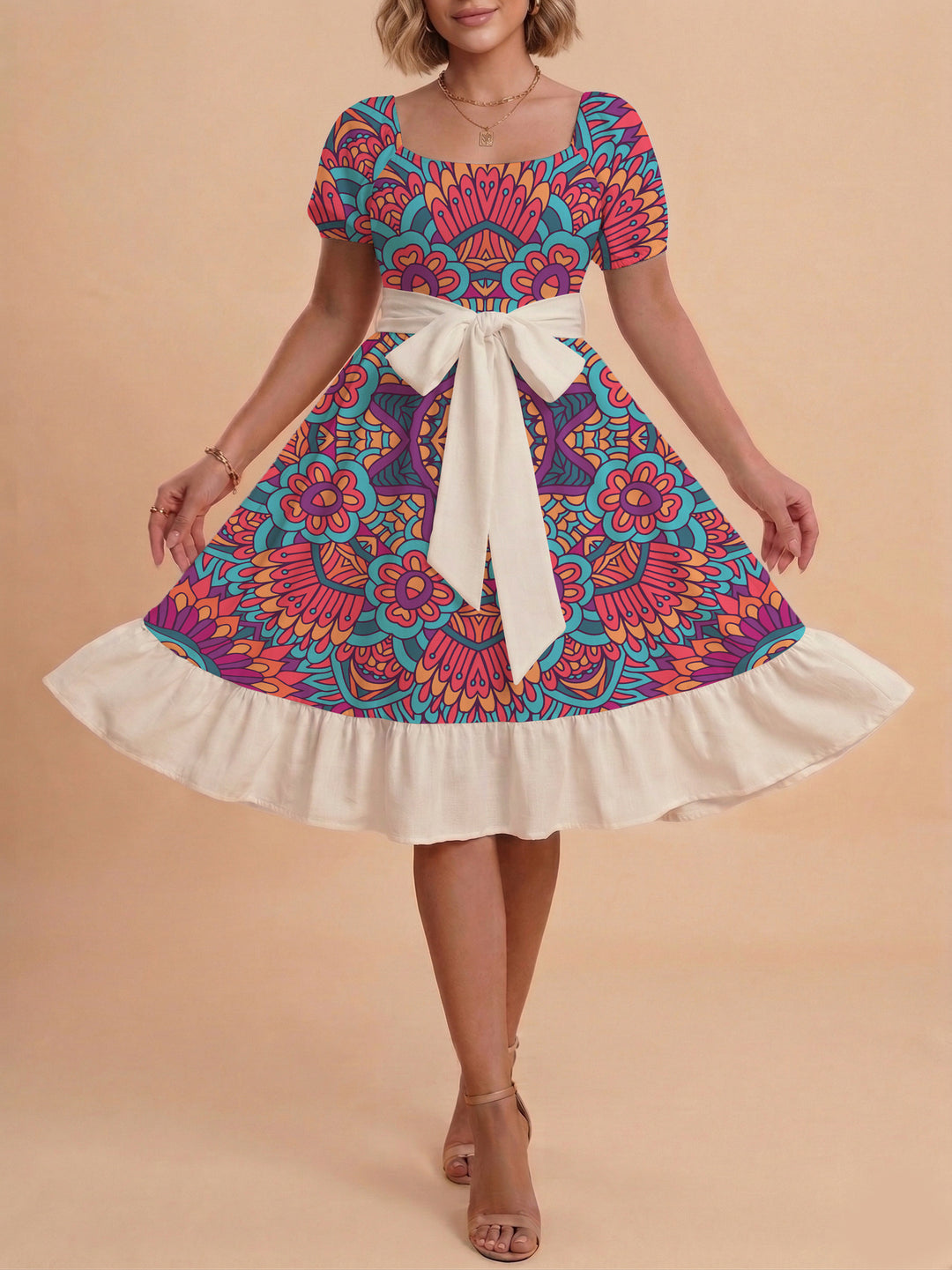 Women A-line dress with floral motifs and adjustable belt Lisslune