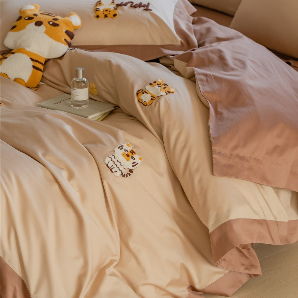 Rynx | Cute Cartoon Tiger Towel Embroidered Cotton Four-Piece Set 100 Long Staple Cotton Duvet Cover Bed Sheet Fitted Sheet Bedding Set