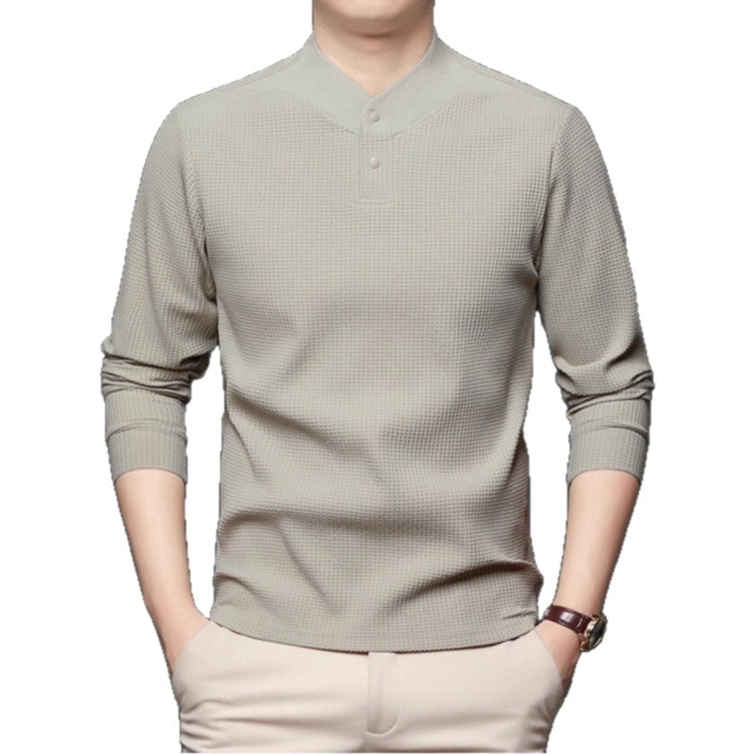 Men's Long Sleeve Shirt with Textured Design and Stand-up Collar Lisslune