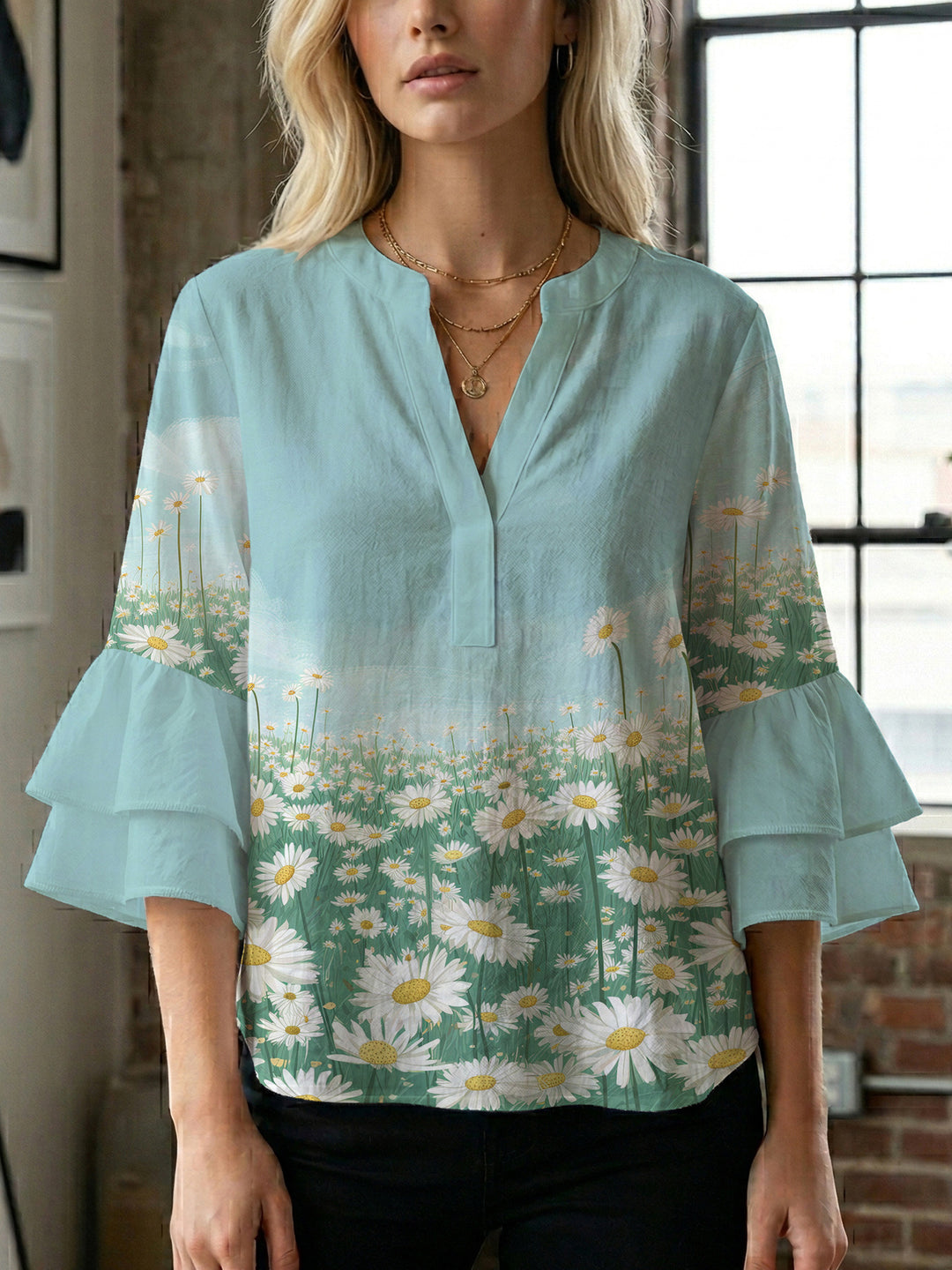 Women Elegant Top with Voluminous Puff Sleeves and Floral Print Lisslune