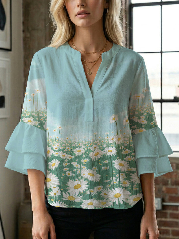 Women Elegant Top with Voluminous Puff Sleeves and Floral Print Lisslune