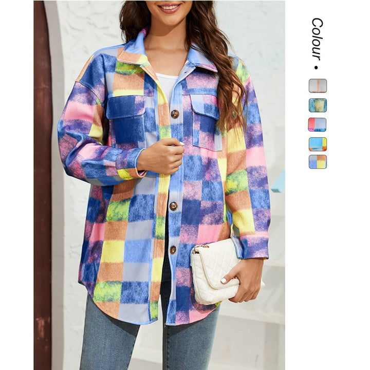 Ladies Checked Flannel Jacket with Practical Pockets and Oversized Cut