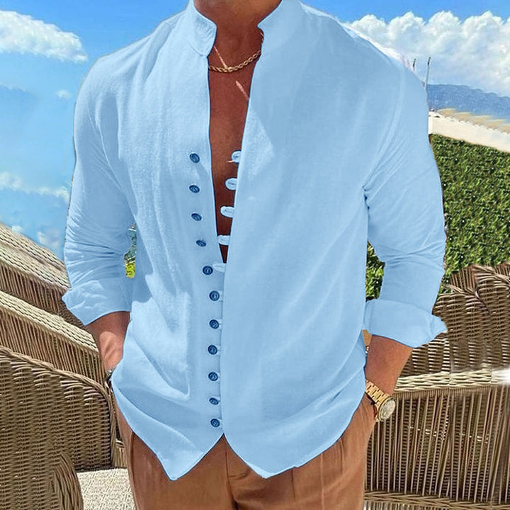 Men's casual long sleeve shirt with stand-up collar and full button placket Lisslune