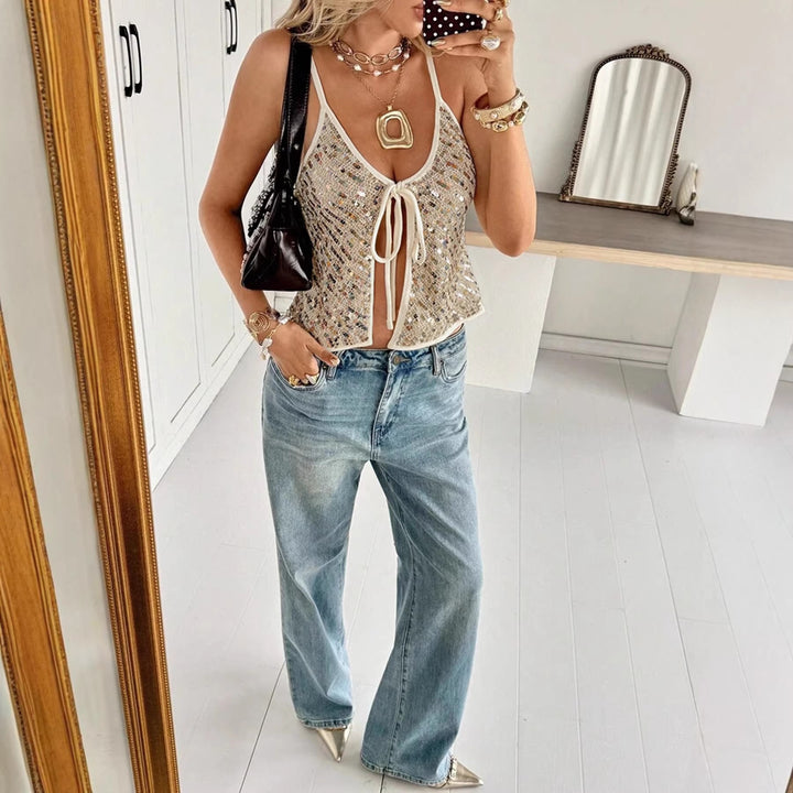 Damen Glitzerndes Top mit V-Ausschnitt und Bindeband Lisslune