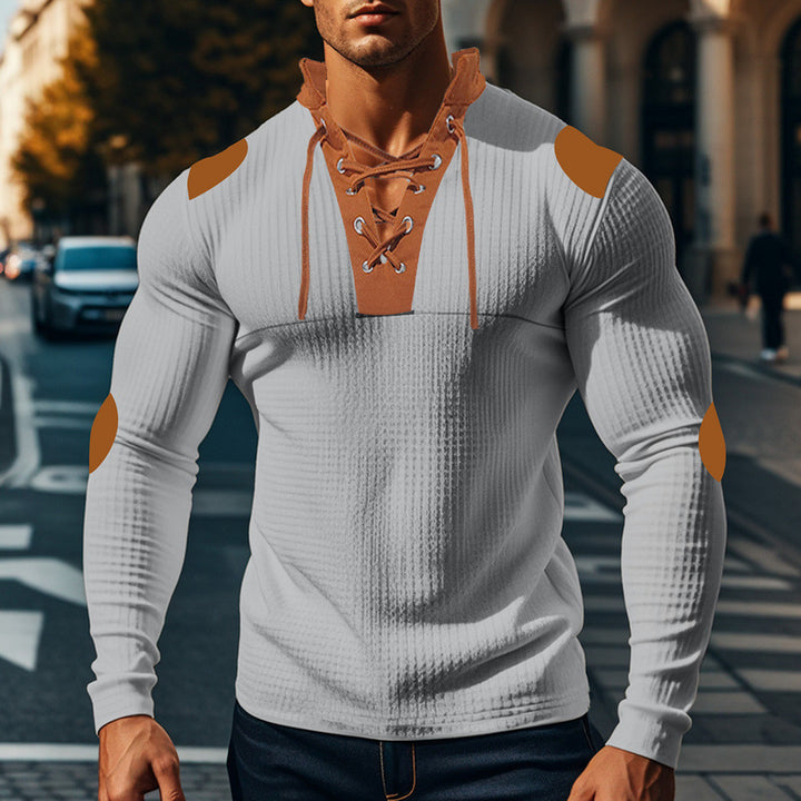 Men's long-sleeve Henley shirt with decorative lacing design Lisslune