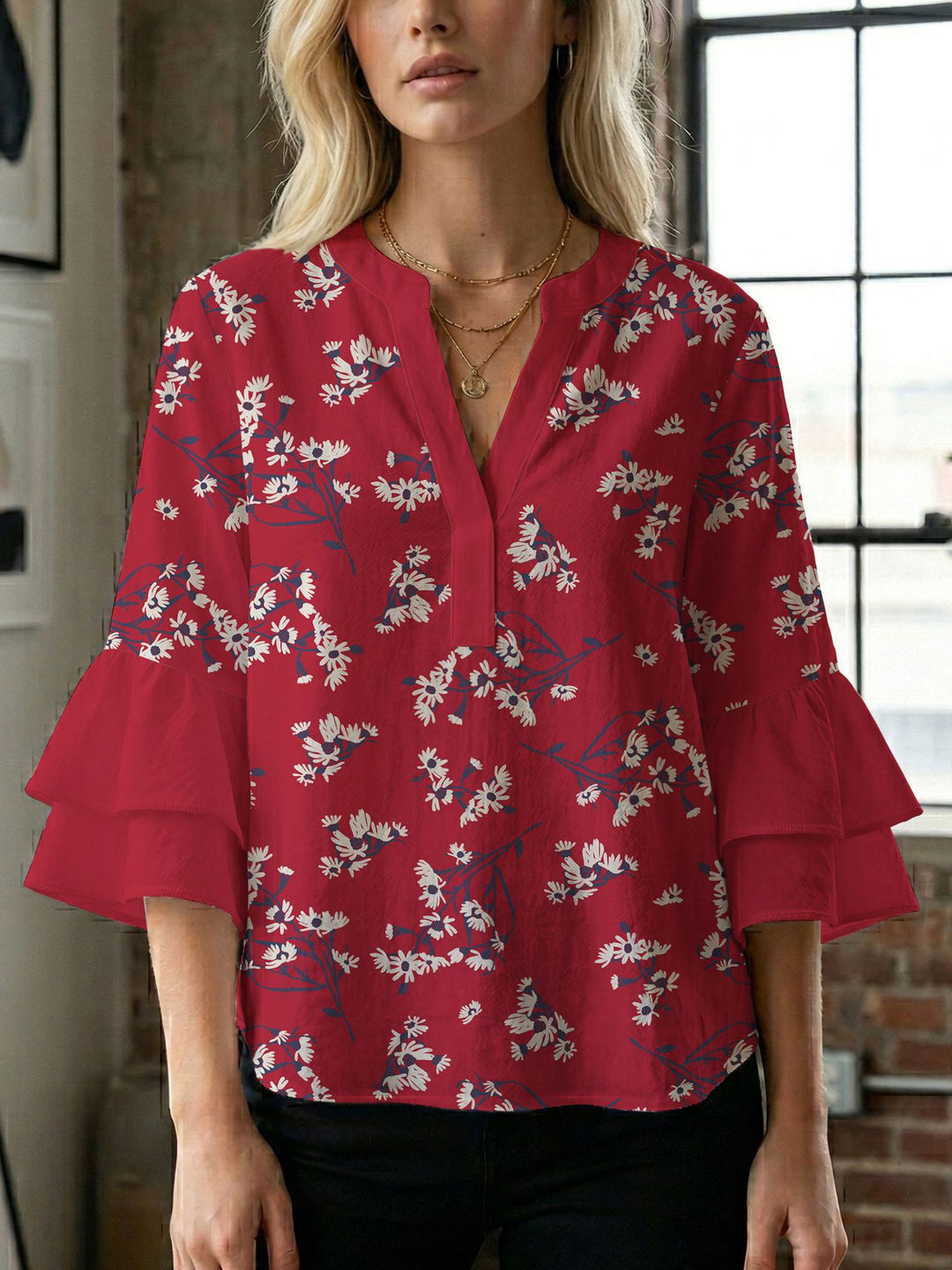 Women's blouse shirt with voluminous sleeves and creative print design Lisslune